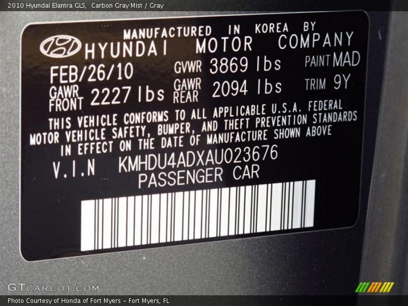 Carbon Gray Mist / Gray 2010 Hyundai Elantra GLS
