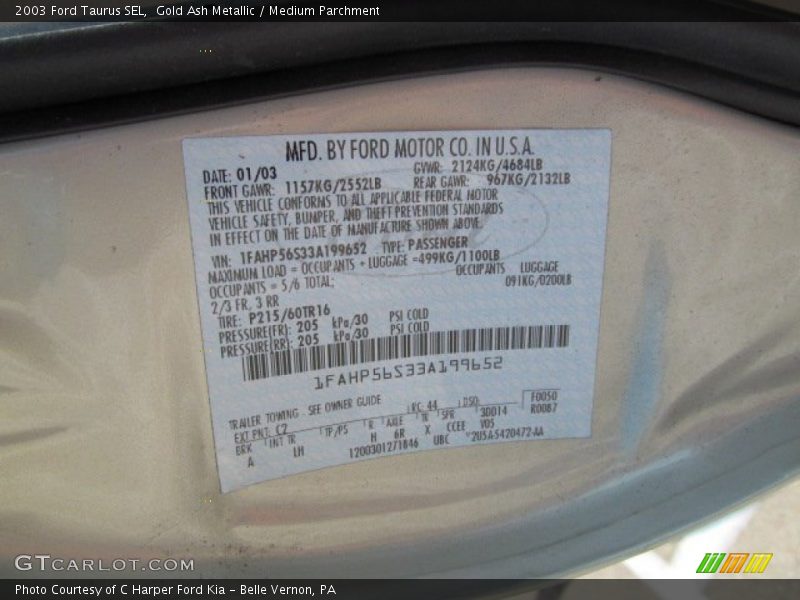 2003 Taurus SEL Gold Ash Metallic Color Code C2