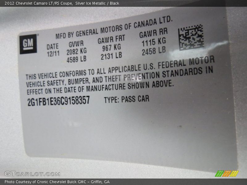 Silver Ice Metallic / Black 2012 Chevrolet Camaro LT/RS Coupe