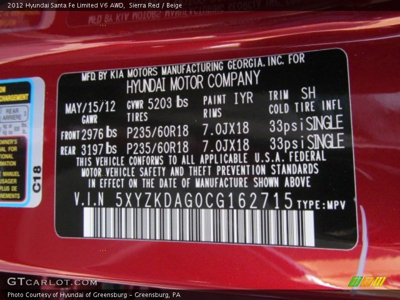 Sierra Red / Beige 2012 Hyundai Santa Fe Limited V6 AWD