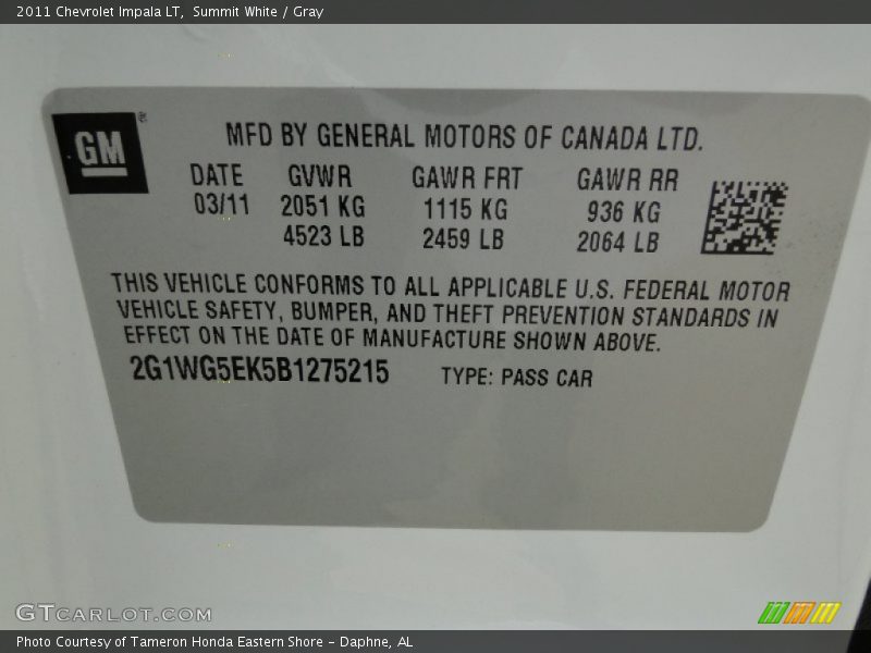 Summit White / Gray 2011 Chevrolet Impala LT