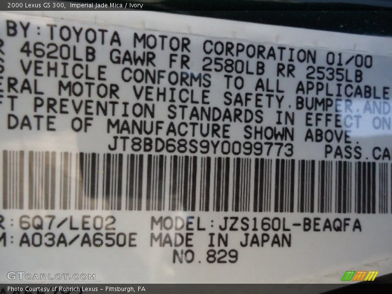 2000 GS 300 Imperial Jade Mica Color Code 6Q7