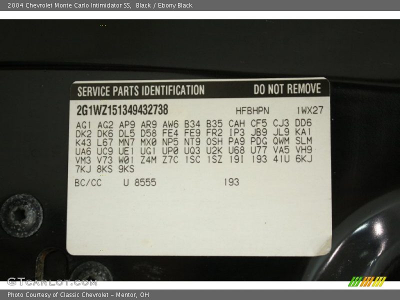 2004 Monte Carlo Intimidator SS Black Color Code 8555