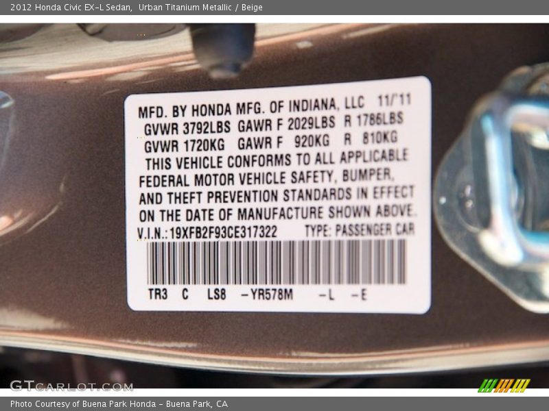 Urban Titanium Metallic / Beige 2012 Honda Civic EX-L Sedan