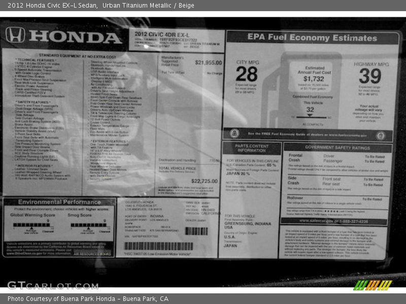 Urban Titanium Metallic / Beige 2012 Honda Civic EX-L Sedan