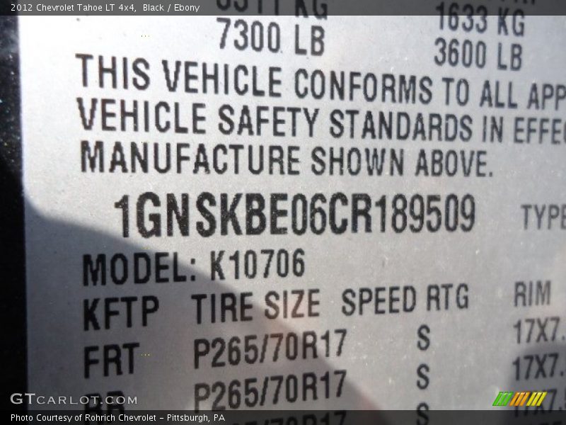 Black / Ebony 2012 Chevrolet Tahoe LT 4x4