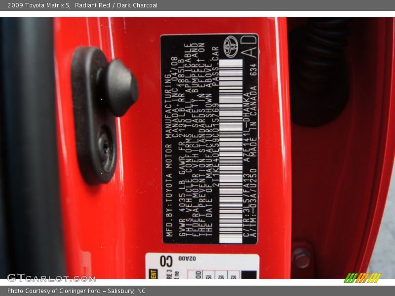 Radiant Red / Dark Charcoal 2009 Toyota Matrix S