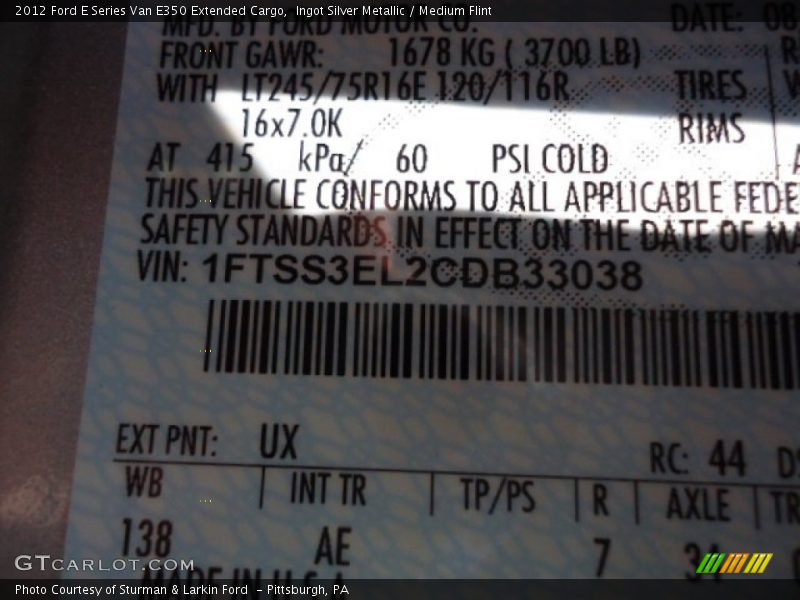 2012 E Series Van E350 Extended Cargo Ingot Silver Metallic Color Code UX