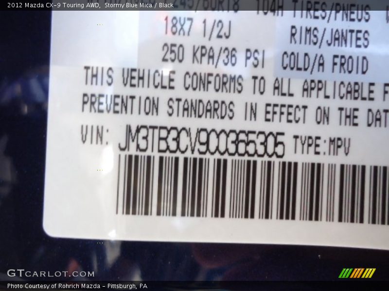 Stormy Blue Mica / Black 2012 Mazda CX-9 Touring AWD