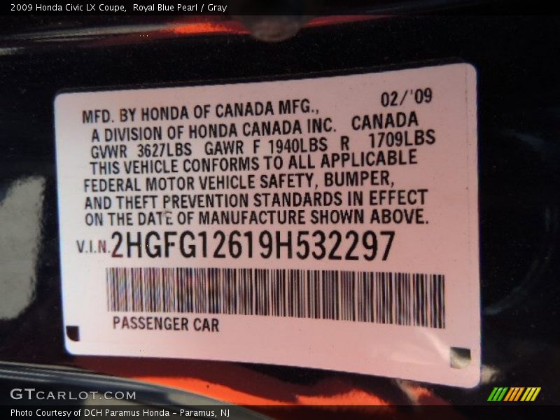 Royal Blue Pearl / Gray 2009 Honda Civic LX Coupe