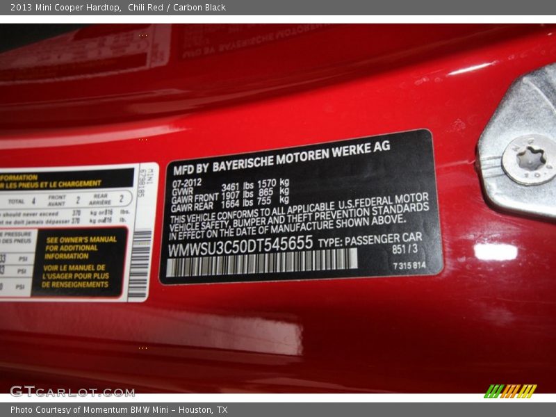 2013 Cooper Hardtop Chili Red Color Code 851