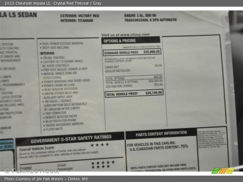Crystal Red Tintcoat / Gray 2013 Chevrolet Impala LS