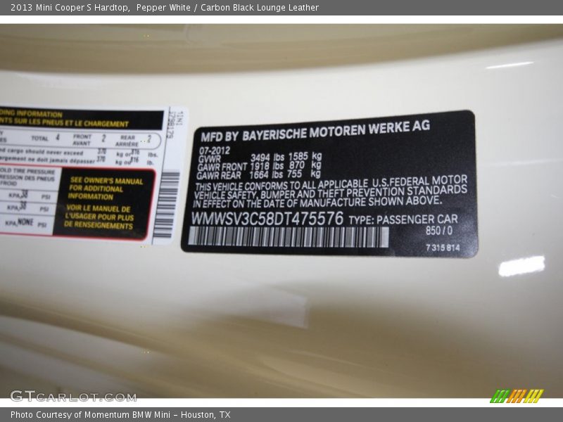 Pepper White / Carbon Black Lounge Leather 2013 Mini Cooper S Hardtop