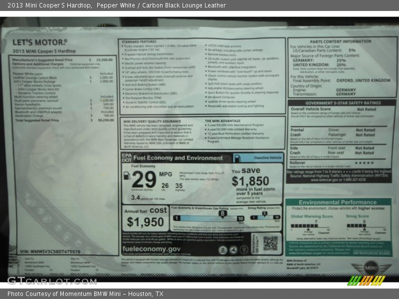 Pepper White / Carbon Black Lounge Leather 2013 Mini Cooper S Hardtop