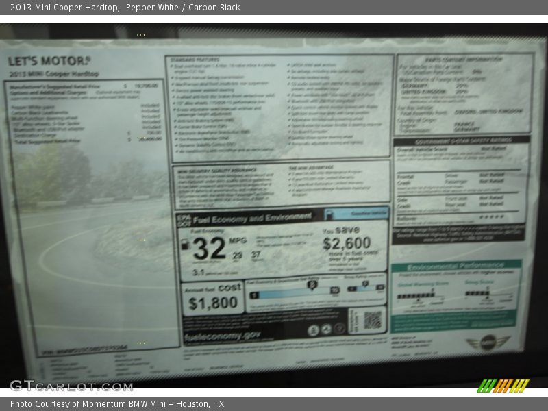 Pepper White / Carbon Black 2013 Mini Cooper Hardtop