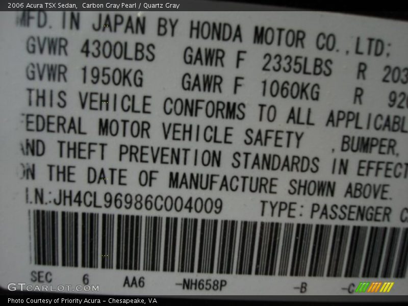 Carbon Gray Pearl / Quartz Gray 2006 Acura TSX Sedan