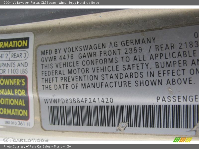 Wheat Beige Metallic / Beige 2004 Volkswagen Passat GLS Sedan