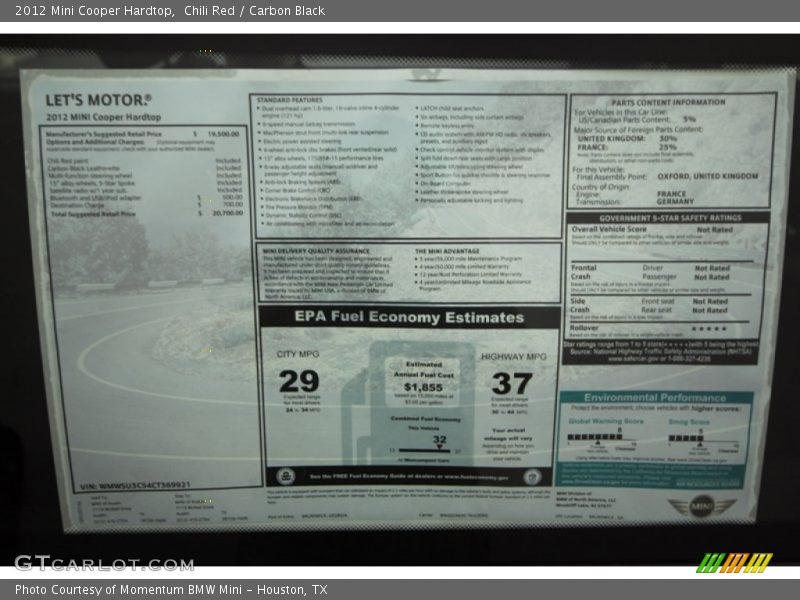 Chili Red / Carbon Black 2012 Mini Cooper Hardtop