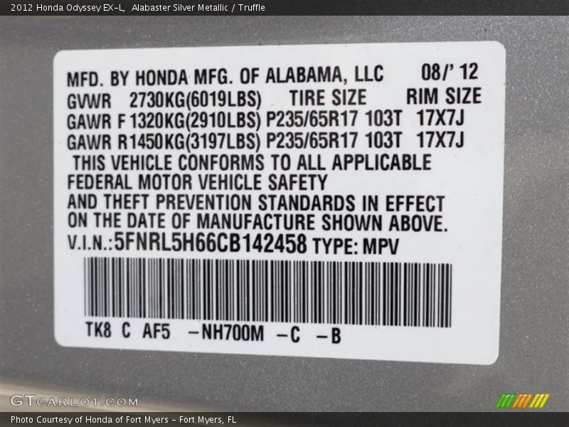 Alabaster Silver Metallic / Truffle 2012 Honda Odyssey EX-L