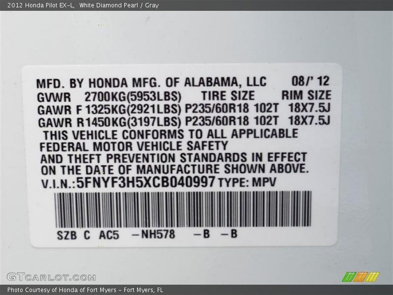 White Diamond Pearl / Gray 2012 Honda Pilot EX-L