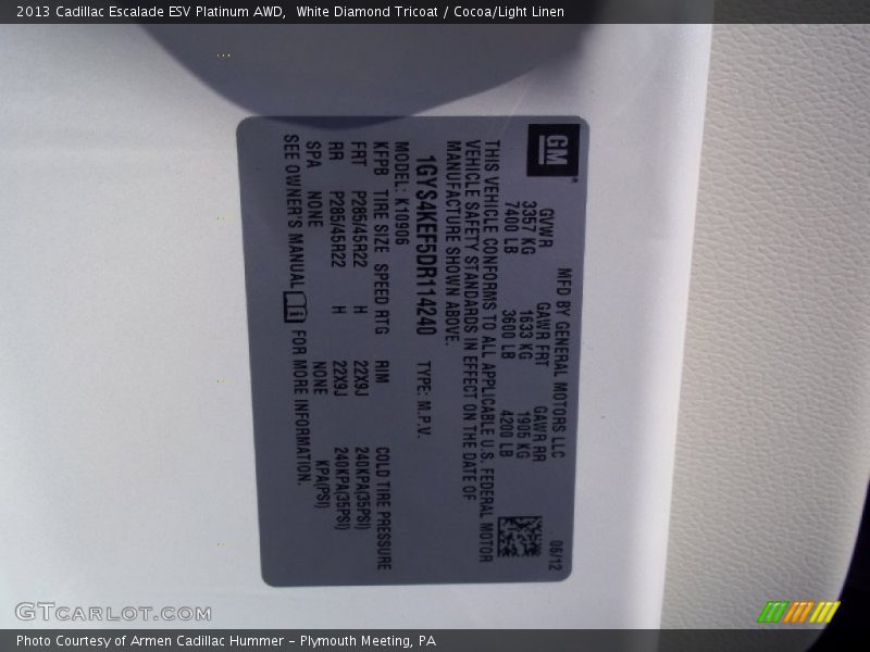 White Diamond Tricoat / Cocoa/Light Linen 2013 Cadillac Escalade ESV Platinum AWD