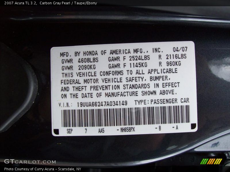 Carbon Gray Pearl / Taupe/Ebony 2007 Acura TL 3.2