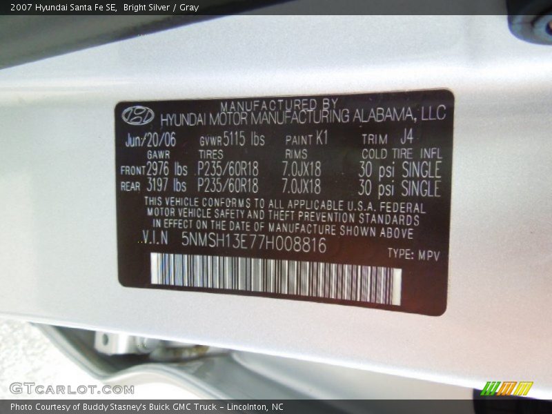 Bright Silver / Gray 2007 Hyundai Santa Fe SE