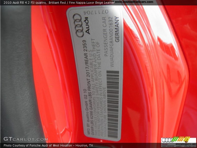 Brilliant Red / Fine Nappa Luxor Beige Leather 2010 Audi R8 4.2 FSI quattro