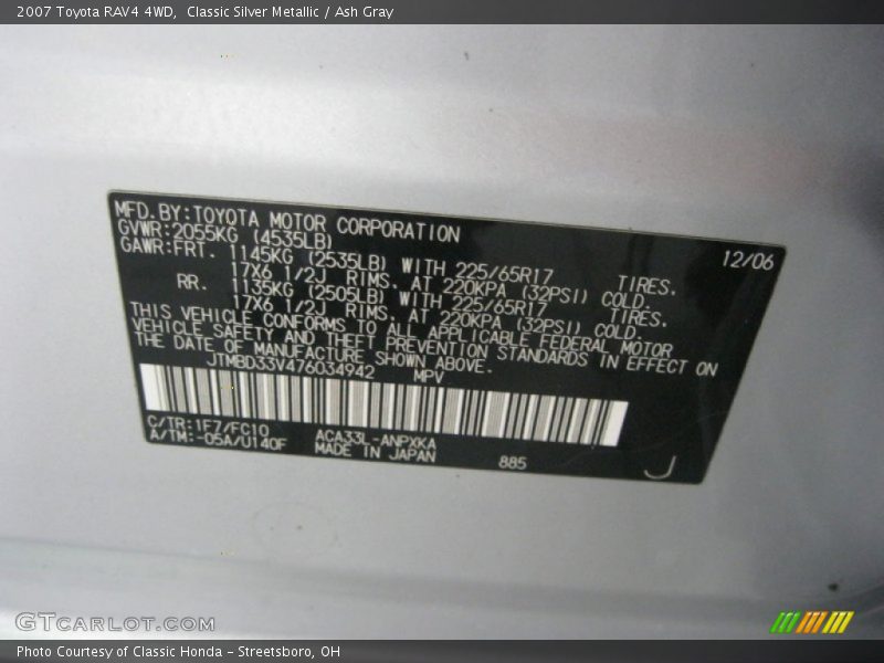 Classic Silver Metallic / Ash Gray 2007 Toyota RAV4 4WD