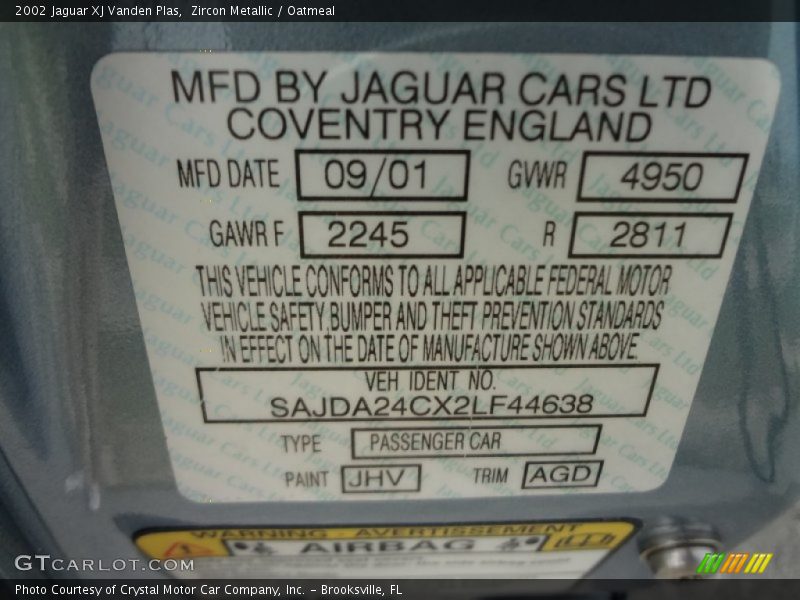 2002 XJ Vanden Plas Zircon Metallic Color Code JHV