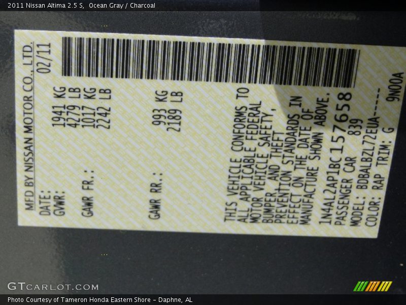 Ocean Gray / Charcoal 2011 Nissan Altima 2.5 S