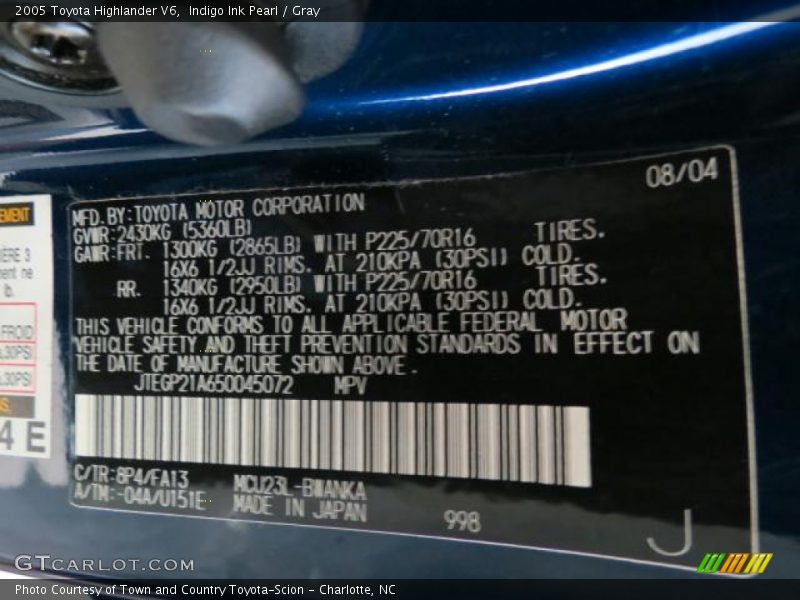 Indigo Ink Pearl / Gray 2005 Toyota Highlander V6