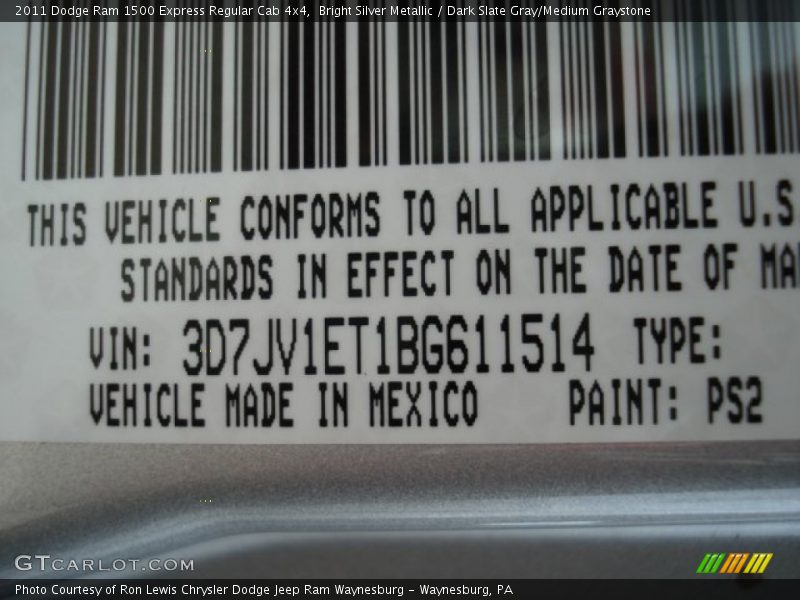 Bright Silver Metallic / Dark Slate Gray/Medium Graystone 2011 Dodge Ram 1500 Express Regular Cab 4x4