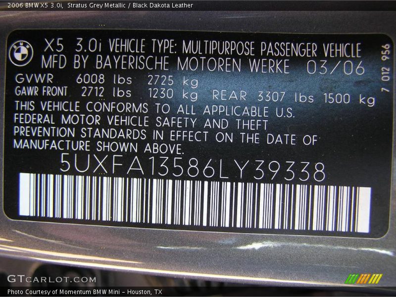 Stratus Grey Metallic / Black Dakota Leather 2006 BMW X5 3.0i