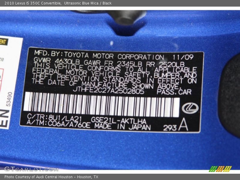 2010 IS 350C Convertible Ultrasonic Blue Mica Color Code 8U1