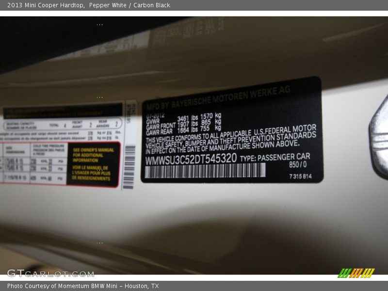 Pepper White / Carbon Black 2013 Mini Cooper Hardtop