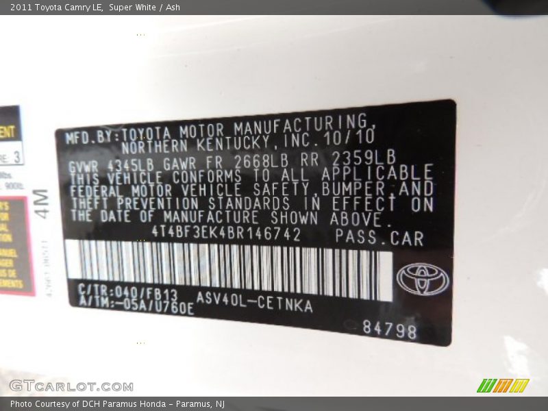 Super White / Ash 2011 Toyota Camry LE