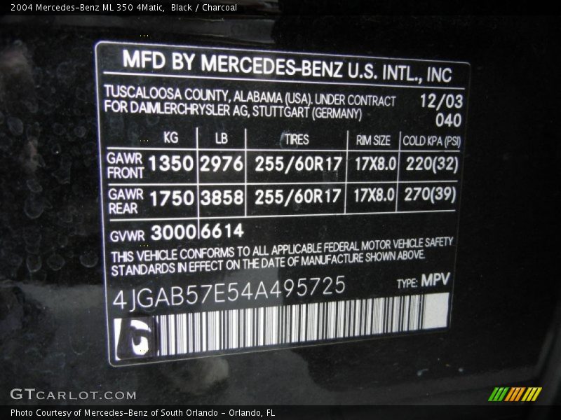 2004 ML 350 4Matic Black Color Code 040