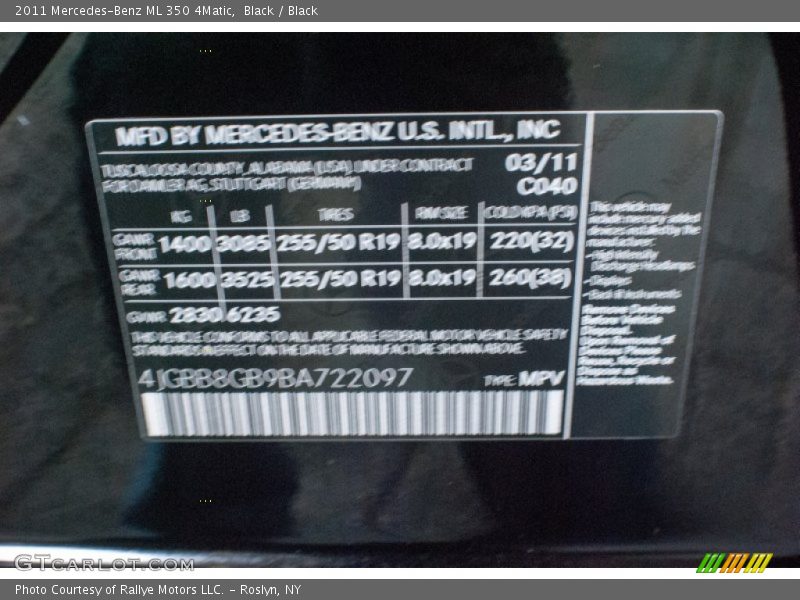 2011 ML 350 4Matic Black Color Code 040
