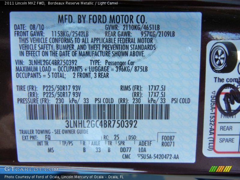 2011 MKZ FWD Bordeaux Reserve Metallic Color Code FQ