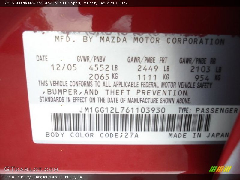 2006 MAZDA6 MAZDASPEED6 Sport Velocity Red Mica Color Code 27A