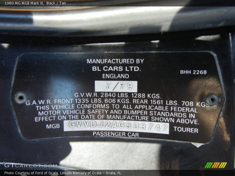 Info Tag of 1980 MGB Mark III