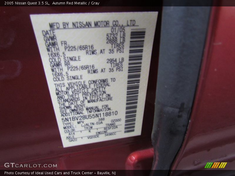 2005 Quest 3.5 SL Autumn Red Metallic Color Code A14