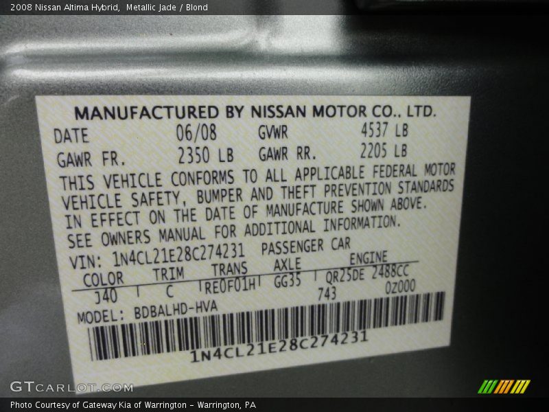 2008 Altima Hybrid Metallic Jade Color Code J40