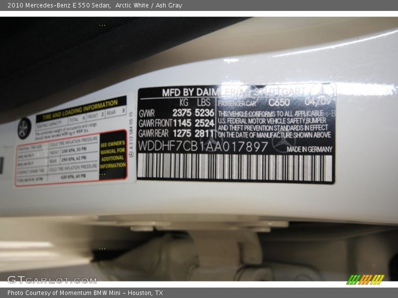 Arctic White / Ash Gray 2010 Mercedes-Benz E 550 Sedan