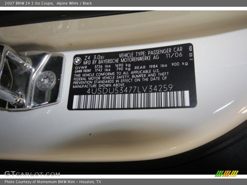 Alpine White / Black 2007 BMW Z4 3.0si Coupe
