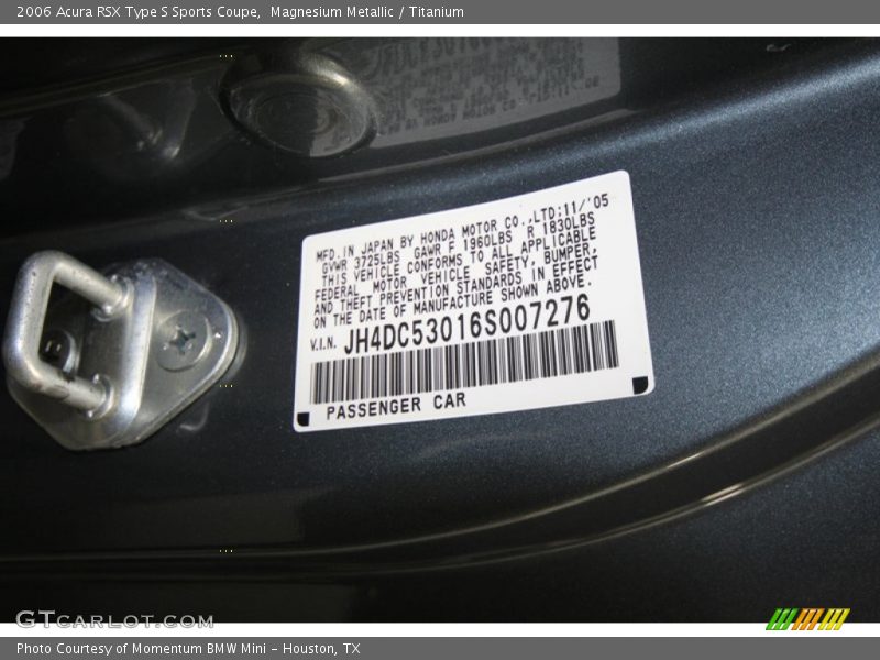 Info Tag of 2006 RSX Type S Sports Coupe
