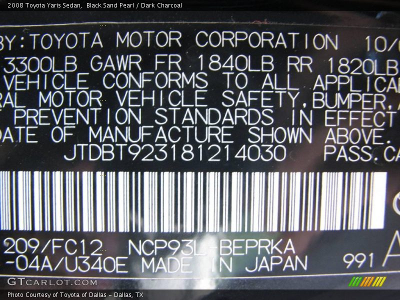 Black Sand Pearl / Dark Charcoal 2008 Toyota Yaris Sedan