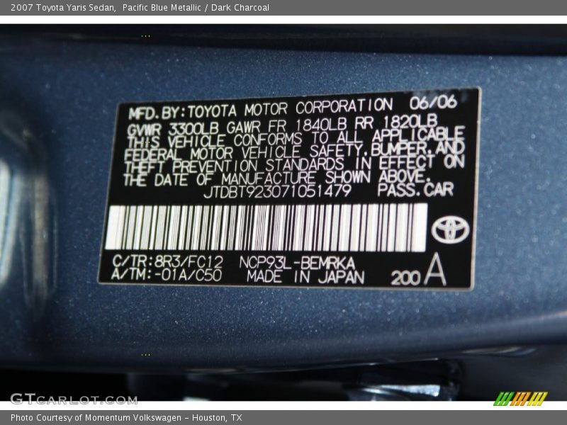 2007 Yaris Sedan Pacific Blue Metallic Color Code 8R3