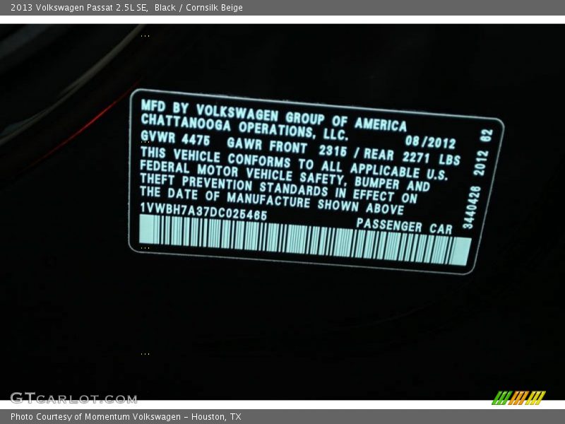 Black / Cornsilk Beige 2013 Volkswagen Passat 2.5L SE